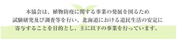 本協会は、植物防疫に関する事業の発展を図るため
試験研究及び調査等を行い、北海道における道民生活の安定に
寄与することを目的とし、主に以下の事業を行っています。